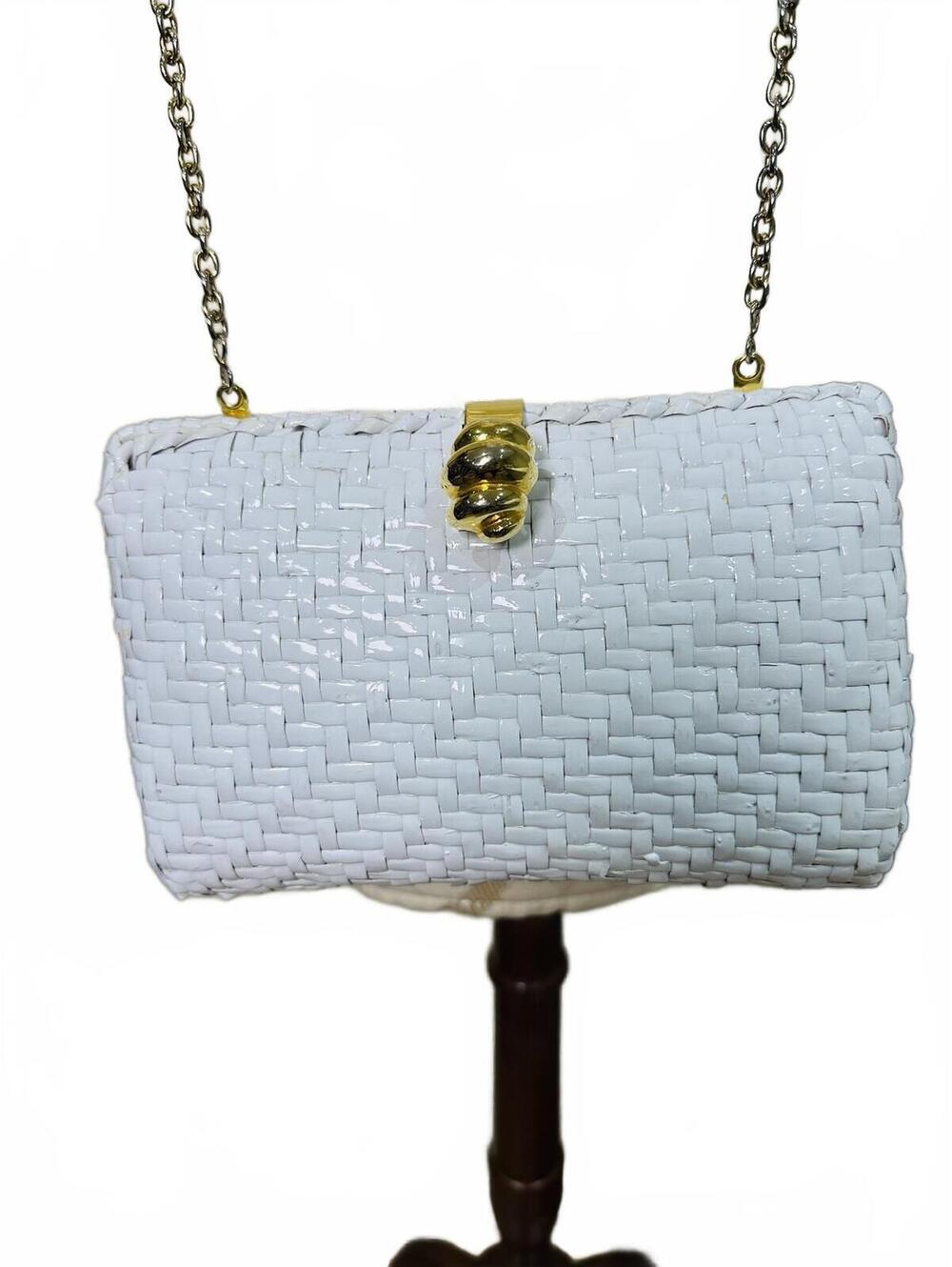 Talbots Woven Crossbody Handbag White with Gold Chain and Decorative Clasp
